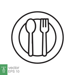 Spoon and fork on a plate icon. Simple outline style. Kitchen utensil, cutlery, silverware, culinary, food concept, line symbol. Vector illustration isolated on white background. EPS 10.