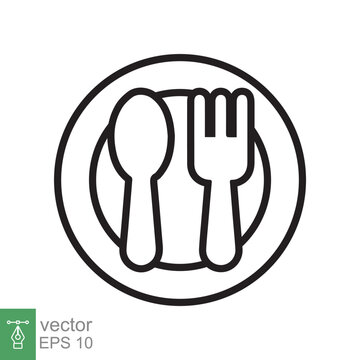 Spoon and fork on a plate icon. Simple outline style. Kitchen utensil, cutlery, silverware, culinary, food concept, line symbol. Vector illustration isolated on white background. EPS 10.