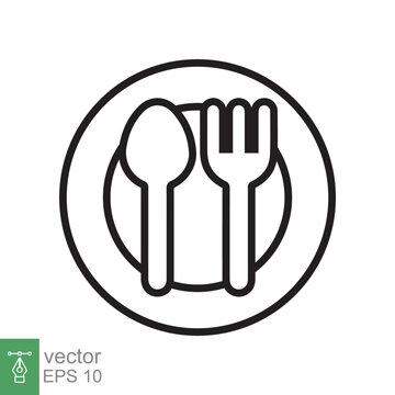 Spoon and fork on a plate icon. Simple outline style. Kitchen utensil, cutlery, silverware, culinary, food concept, line symbol. Vector illustration isolated on white background. EPS 10.