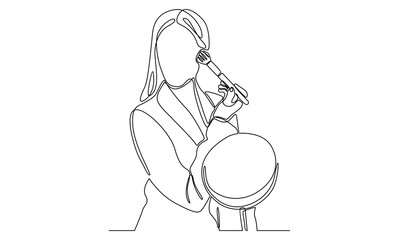 Continuous line of woman powdered or blush on in front of the mirror