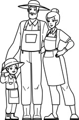 family farmer line pencil drawing vector. agriculture man, farm organic, farming person, field father, son sunset, plant nature, rural family farmer character. people Illustration