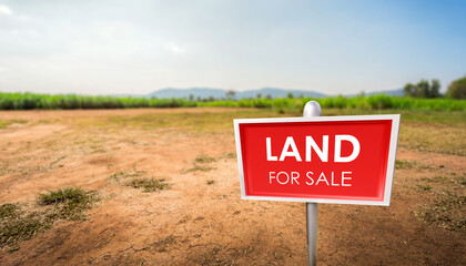 land for sale sign against trimmed lawn background. Empty dry cracked swamp reclamation soil, land plot for housing construction project in rural area and beautiful blue sky with fresh air.
