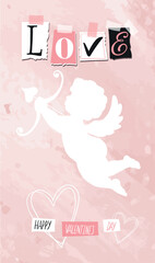 Valentine s day card with cupid and word Love from newspaper letters, pink background for social networks, February 14th holiday collage, date, anniversary. Modern vector illustration.