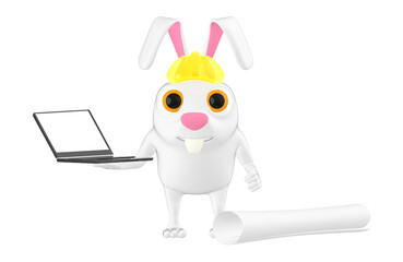 3d character , rabbit , hard helmet , laptop and civil drawing