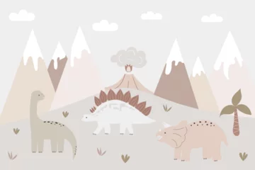 Türaufkleber Kinderzimmer A hand drawn baby poster with dinosaurs and mountains. Funny vector illustration for decorating the walls of the nursery. Trendy design in Boho style. Mountain landscape in pastel colors. Bohemian art