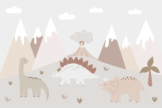 A hand drawn baby poster with dinosaurs and mountains. Funny vector illustration for decorating the walls of the nursery. Trendy design in Boho style. Mountain landscape in pastel colors. Bohemian art © Ekaterina