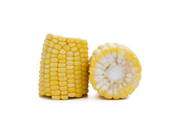 Two halves of ripe sweet corn isolated on white background