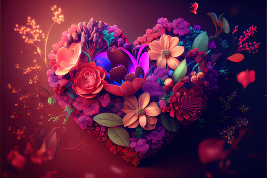 valentines day background, love heart shape make by rose, cherry blossom, daisy flowers... . Neural network generated Ai art. Digitally generated image. Not based on any actual scene or pattern. © nguyen khanh vukhoa