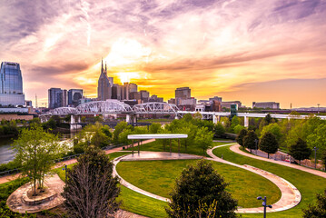 Nashville Tennessee downtown skyline at Shelby Street Bridge