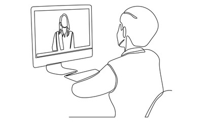 Continuous line of computer with people doing video call