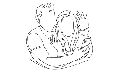 Continuous line of couple taking a selfie using smartphone
