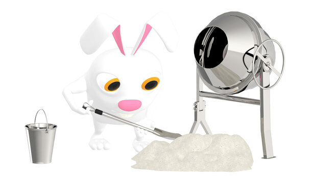 3d character , rabbit worker with shovel near to a concreate mixer , concreate mix and a bucket