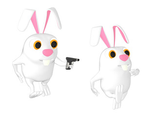 3d character , rabbit bieng chased by another rabbit who is also holding a gun
