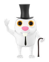 3d character , rabbit wearing hat and holding a stick