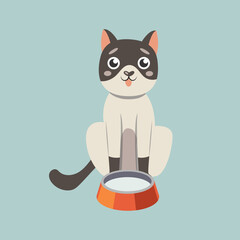 Cute black and white cat cartoon character with milk illustration. Comic domestic animal with milk or water in bowl isolated on blue background. Pets, food concept