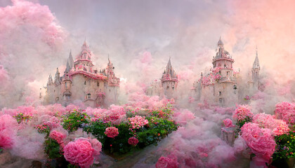 Magical unusual fairy-tale palaces, flower beds with roses. - obrazy, fototapety, plakaty