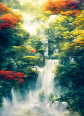 Fototapeta na wymiar Fantasy landscape with waterfalls, forest and cherry blossoms