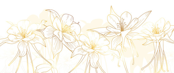 Luxury floral golden line art wallpaper. Elegant blooming golden wildflowers pattern background. Design illustration for decorative, card, home decor, invitation, packaging, print, cover, banner.