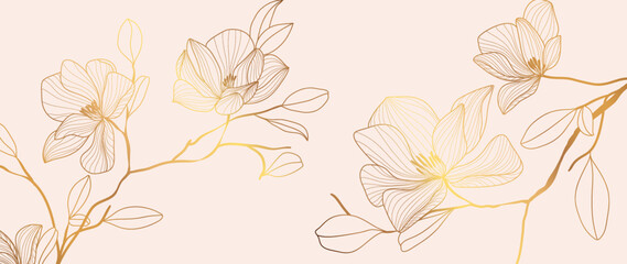 Luxury floral golden line art wallpaper. Elegant gradient gold magnolia flowers pattern background. Design illustration for decorative, card, home decor, invitation, packaging, print, cover, banner. - obrazy, fototapety, plakaty
