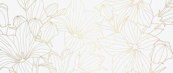 Luxury floral golden line art wallpaper. Elegant blooming golden wildflowers pattern background. Design illustration for decorative, card, home decor, invitation, packaging, print, cover, banner.