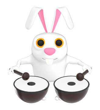 3d character , rabbit beating with drums