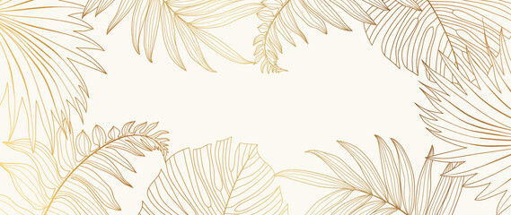 Luxury botanical leaf golden line art wallpaper. Tropical monstera and palm leaf pattern background. Design illustration for decorative, card, home decor, invitation, packaging, print, cover, banner.