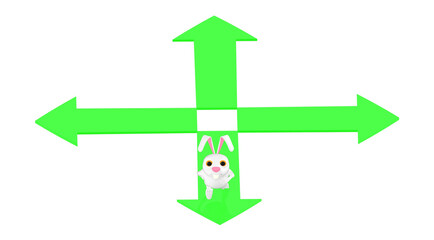 3d character , rabbit walking over a arrow