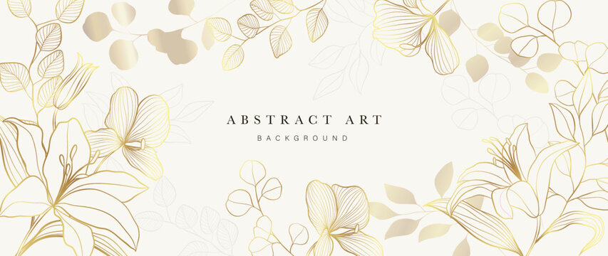 Luxury floral golden line art wallpaper. Elegant gradient gold lily flowers and eucalyptus leaf branch pattern background. Design for wedding card, frame, home decor, invitation, print, cover, banner.