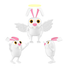 3d character , angel rabbit flying with a glowing ring over top of his head and other rabbits happy on ground