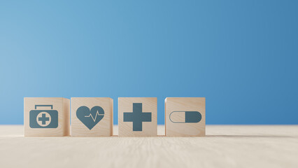 medical health care icon on wooden cube background, 3d rendering