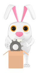 3d character , rabbit holding a cogwheel gear in a cardboard package
