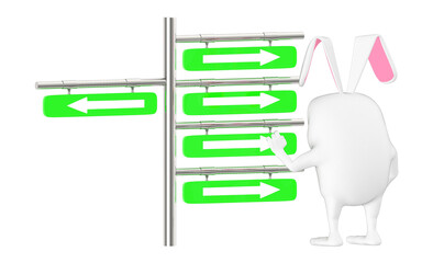 3d character , rabbit looking at a post with arrows suggesting different directions