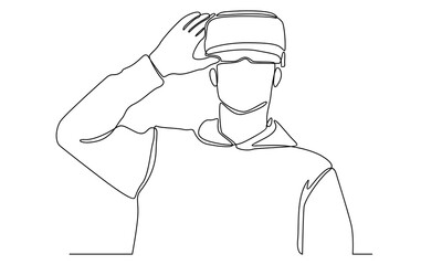 continuous line of man in glasses device virtual reality