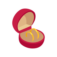 Pair of golden engagement rings in red box vector illustration. Accessory for wedding or proposal in red box, rings isolated on white background. Marriage, love, jewellery concept