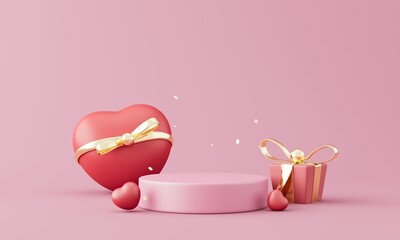 Valentine Product podium scene with flying falling red heart .3d illustration.