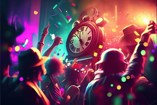 New Year's Eve party background, pop color, group of people dancing and joyful, countdown, neural network generated Ai art.Digitally painting, generated image. Not based on any actual scene or pattern