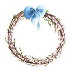 Willow wreath watercolor with spring twigs and blue bow isolated on white. Hand drawing Easter illustration for design