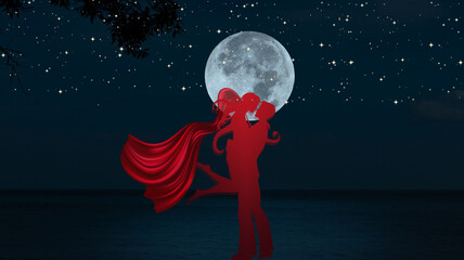 Red silhouette of man and woman,on nayy blue night with full moon and stars for Valentine's Day and couples. 