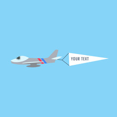 Airplane in sky with flag for text cartoon illustration. Cartoon drawing of aircraft flying with advertising banner on blue background. Flying advertising, aviation, transportation, flight concept