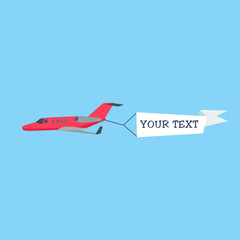 Aircraft in sky with advertising ribbon cartoon illustration. Cartoon drawing of airplane flying with banner on blue background. Flying advertising, aviation, transportation, flight concept