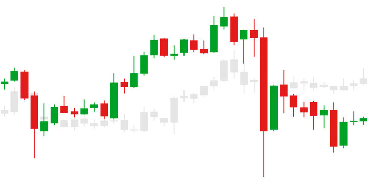 Two red green and grey Japanese candlestick graph charts on white background. Market investment. Forex trading, stock exchange and crypto price technical analysis vector illustration. Traders tool