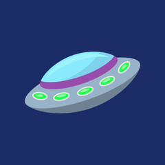 Alien spaceship in sky or space cartoon illustration. Cartoon drawing of unidentified flying object on blue background. Science, technology, transportation, astronomy, outer space concept