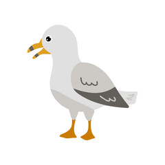 Cute comic gull chick standing on white background. Seagull cartoon character flat vector illustration. Nature, animals, wildlife concept