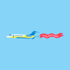 Aircraft in sky with flowing banner cartoon illustration. Cartoon drawing of airplane flying with advertising ribbon on blue background. Flying advertising, aviation, transportation, flight concept