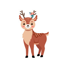 Fototapeta premium Comic deer standing vector illustration. Reindeer or fawn cartoon character, wild animal with antlers and little tail isolated on white background. Wildlife, Christmas concept