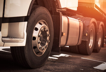 Semi Trailer Truck on Parking. Truck Wheels Tires. Rubber, Truck Tyres. Freight Trucks Transport...