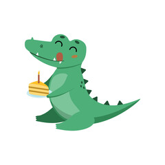 Cute crocodile celebrating birthday cartoon illustration. Funny alligator with cake. Jungle, predator animal concept
