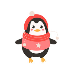 Comic penguin in sweater and hat vector illustration. Cute wild bird cartoon character in hat and sweater isolated on white background. Winter holidays, decoration concept