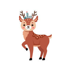 Fototapeta premium Comic happy deer standing vector illustration. Reindeer or fawn cartoon character, wild animal with antlers and little tail isolated on white background. Wildlife, Christmas concept