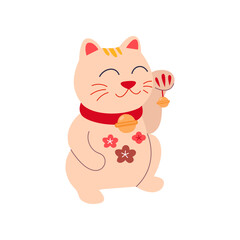 Japanese national lucky cat toy illustration. Drawing of lucky maneki neko or cat for good fortune. Japan or Asia, culture concept